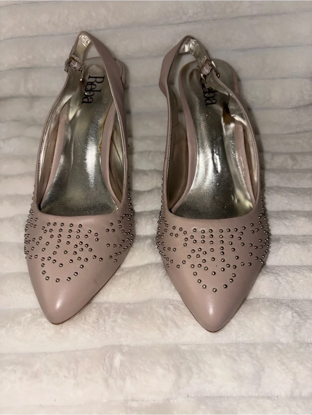 Reba Pink Studded Pointed-Toe Slingback Heels 8M